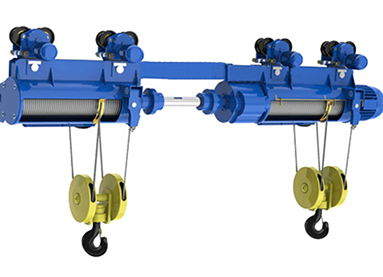 遇到超長工件時可以用同軸雙鉤鋼絲繩電動葫蘆吊運